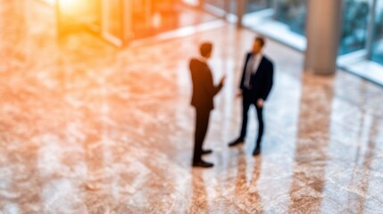 Business meeting in office lobby during late afternoon hours