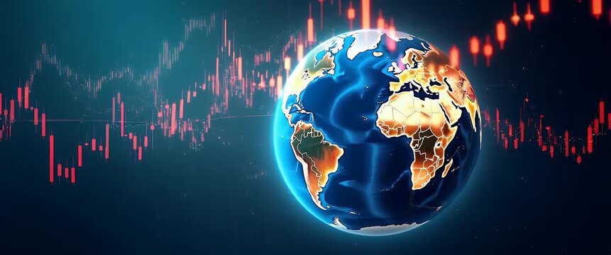 Glowing world globe rotates against a backdrop of rising stock market graphs; camera pans slowly in this cinematic depiction of global finance trends and economic growth.
