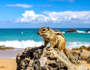 Fototapeta premium Ground squirrel perched on rock overlooking turquoise ocean