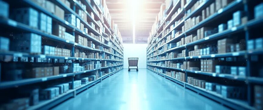 Cinematic warehouse scene with a lone shopping cart moving slowly down an aisle as the camera gently tracks forward, surrounded by shelves of products under flickering ambient lights.