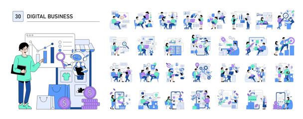 Digital Business Development Vector Illustration Set