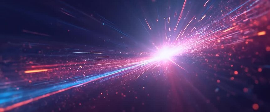 Dynamic light beams streak across a dark background, capturing high-speed motion with a slow zoom-in; particles shimmer in a cinematic, futuristic style, ideal for technology visuals.