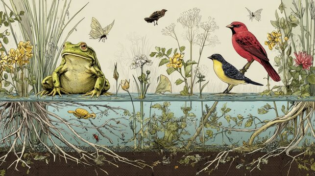 Frogs, birds, and insects in a balanced wetland food web visualized naturally