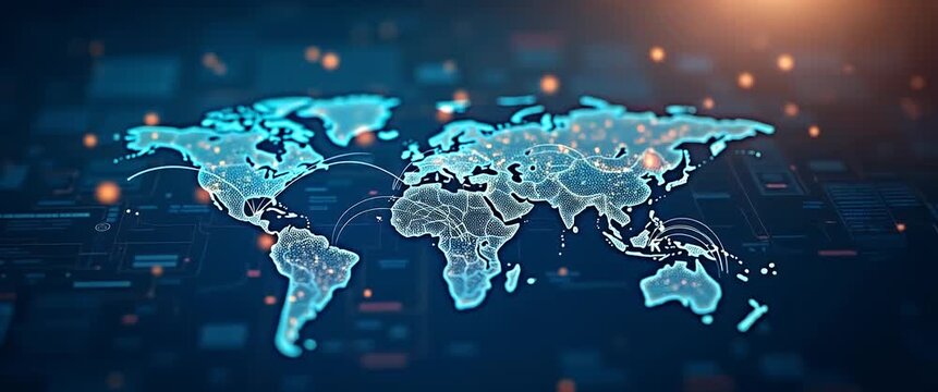 Cinematic world map animation with digital connections glowing, camera gently pans across the scene, lights flicker subtly, conveying global connectivity and advanced technology themes.