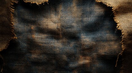 A distressed linen background with a chaotic, frayed edge and torn fabric creates a sense of ruggedness and disarray, showcasing a textured surface with a rough, uneven appearance.