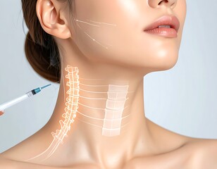 Woman's neck with a translucent anatomical overlay getting an injection from the side, neutral background