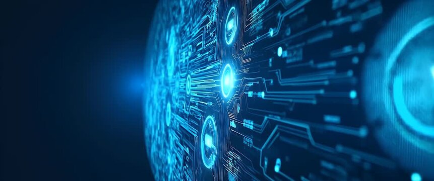 Futuristic digital interface with glowing circuits gently pulsates as the camera slowly pans across, creating an immersive, cinematic exploration of technology and innovation.