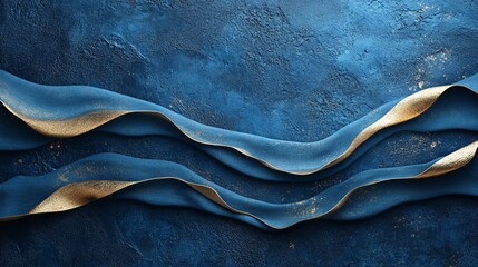 Dark blue silk with gold accents waves chaotically on a textured background, creating a luxurious and dynamic effect.