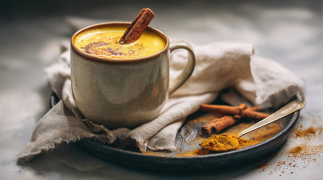 Golden milk with cinnamon, a warming and healthy beverage for wellness. This image showcases a delicious golden milk latte with cinnamon sticks and turmeric powder, perfect for a cozy moment
