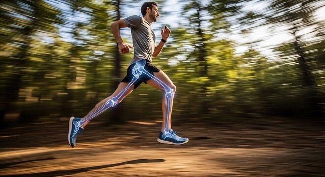 Runner biomechanics forest, jogging leg skeleton, sports medicine anatomy, knee joint motion, athlete training cardio, nature fitness workout, xray bone structure