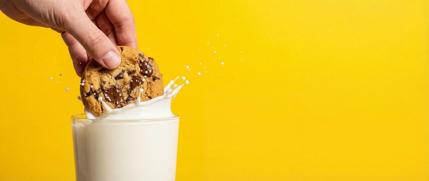 Hand dunking chocolate chip cookie in milk splash