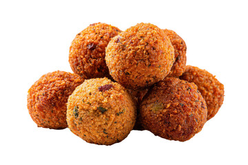 A pile of fried balls on a white background. The balls are of different sizes and are piled on top of each other, png