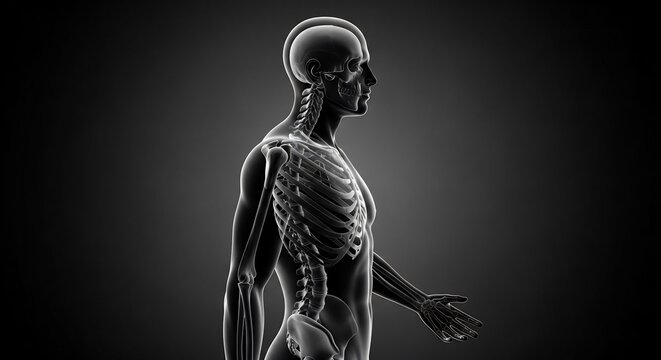 Walking gait analysis, human skeleton side profile, spine posture alignment, orthopedic motion capture, biomechanics anatomy, medical physiology scan, healthy bone structure