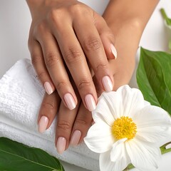 Woman's manicured hands rest on a towel, surrounded by floral accents in a studio setting