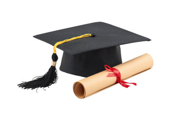 A black cap with a yellow tassel sits on top of a brown graduation certificate. Concept of accomplishment and pride, as the cap and certificate are symbols of academic achievement, png