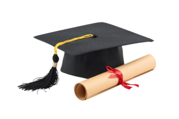 A black cap with a yellow tassel sits on top of a brown graduation certificate. Concept of accomplishment and pride, as the cap and certificate are symbols of academic achievement, png