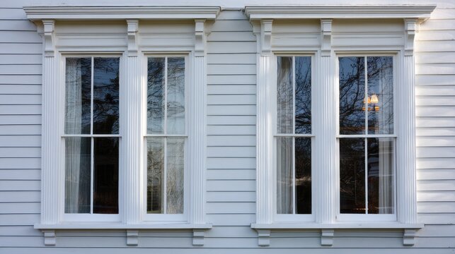 Two White Double Hung Windows on a Wood Siding House