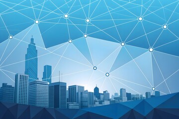 Networked Metropolis: A striking abstract depiction of a modern cityscape, overlaid with an intricate network of interconnected lines and nodes, symbolizing connectivity and technological advancement.