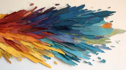 Fototapeta premium Colorful paper art displayed on a wall in a creative space during daylight hours