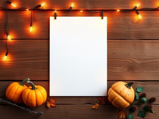 Blank paper with pumpkins and lights poster mockup