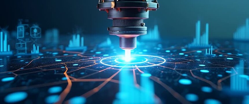 A futuristic laser cutting machine moves precisely, with a slow camera pan over a glowing digital interface, while ambient lights flicker softly in a cinematic, high-tech atmosphere.