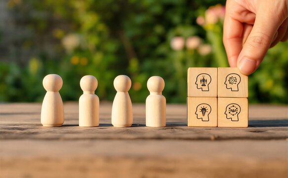 Hand placing brain personality type block on wooden surface with peg figures