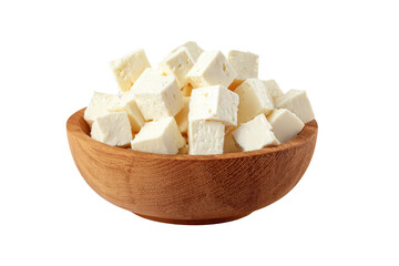 A bowl of white cheese cubes sits on a white background. The bowl is wooden and filled with cheese, png