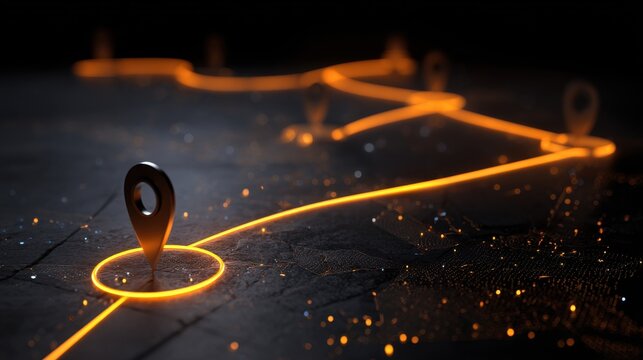 Abstract glowing orange path with map pin icons on a dark textured background