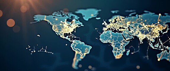 Cinematic world map animation with glowing network connections, as camera slowly pans across continents; dynamic data flow and ambient lights flicker, showcasing global connectivity. - Powered by Adobe