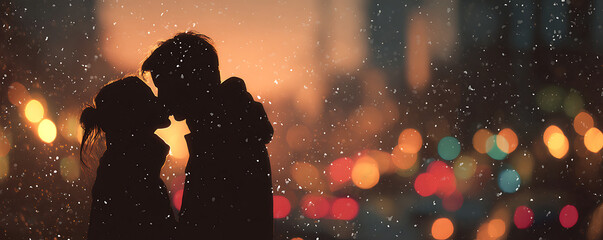 Intimate moment of a loving couple kissing, silhouetted against a dreamy urban night with bokeh lights