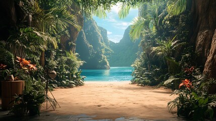 A serene tropical beach with lush greenery and vibrant flowers meets the eye, where a sandy shore gently slopes into turquoise water, inviting relaxation in a paradise setting.