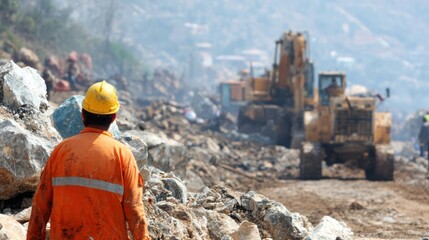 Workers manage rocks at a construction site during daytime operations