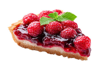A slice of raspberry pie with a green leaf on top. The pie is cut into a triangle and has a lot of raspberries on top, png