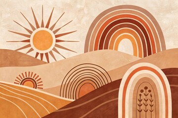 Obraz premium Bohemian Sunrise: A vibrant, whimsical landscape featuring a stylized sun, arches and rainbow elements in a warm, earthy palette, conjuring a sense of joy and artistic expression.
