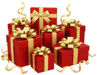 Obraz premium Valentine PNG, Collection of red gift boxes with gold ribbons and bows on transparent background