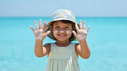 Happy Little Girl in Sun Hat Showing Hands Covered with Sunscreen at Beach