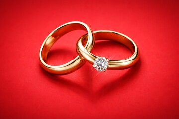 Two gold wedding rings with diamond on red background