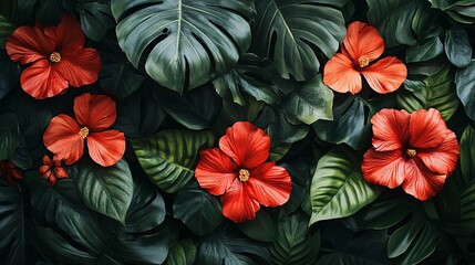 A vibrant tropical arrangement features lush green leaves and bright red hibiscus flowers, blending in a chaotic yet harmonious natural display.