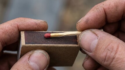 Lighting a match a close-up action shot of striking a matchstick outdoor setting detailed capture intimate perspective