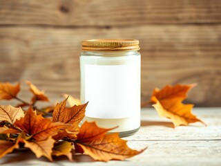 Autumnal candle with fall leaves jar mockup