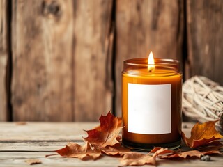 Cozy autumn candle on wooden table jar mockup