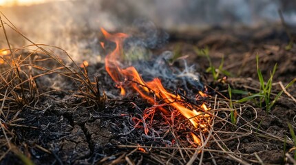 Fire consuming dry grass outdoor environment macro photography nature close-up impact of wildfires
