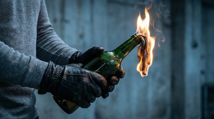 Flaming bottle ignition urban setting cinematic close-up nighttime atmosphere handheld perspective risky action