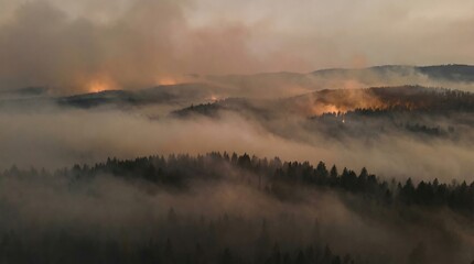 Dramatic forest fire spreading across remote landscape aerial view nature photography smoky environment