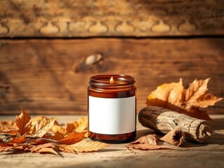 Autumn scented candle with fall leaves jar mockup