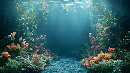 Vibrant orange flowers and lush greenery thrive underwater, illuminated by sunbeams filtering through the water, creating a serene yet chaotic scene.