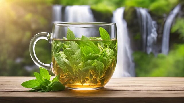 Tea pouring from teapot into glass cup, tea plantation background, slow motion, A steaming cup of tea with green leaves on a wooden surface