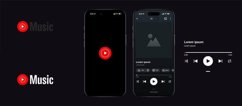 YouTube Music streaming service mockup with playlist layout, album artwork, and playback controls. Vector illustration of digital music platform user interface for modern audio.