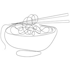 Continuous one line drawing of bowl and noodles with chopsticks. Chopsticks and bowl in single line vector illustration. Editable stroke