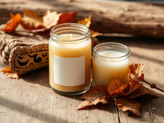 Autumnal candles on rustic wood  jar mockup